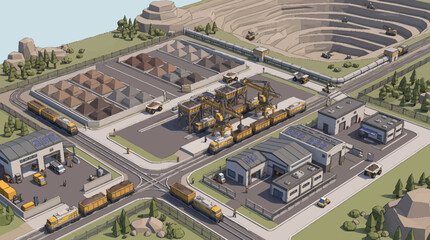 Industrial mining complex with trains and trucks. © pras