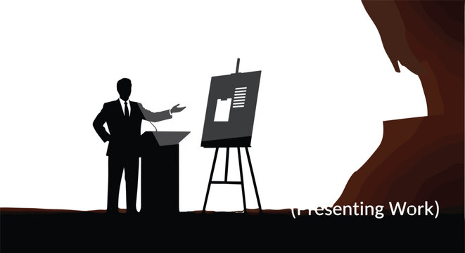 Silhouette vector illustration of a businessman speaking at a podium and presenting work on an easel board