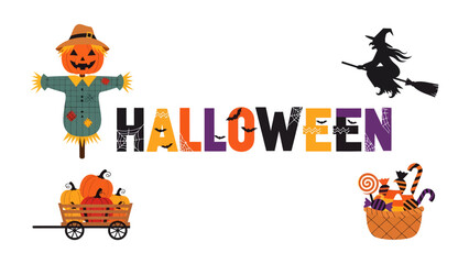 Fototapeta premium Halloween Theme: A whimsical collection of Halloween-themed elements, including a smiling pumpkin scarecrow, a witch on a broomstick, a wagon full of pumpkins, and a basket overflowing with candy.