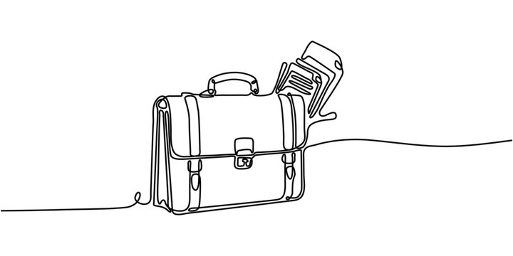 Continuous line art drawing of leather briefcase with documents vector