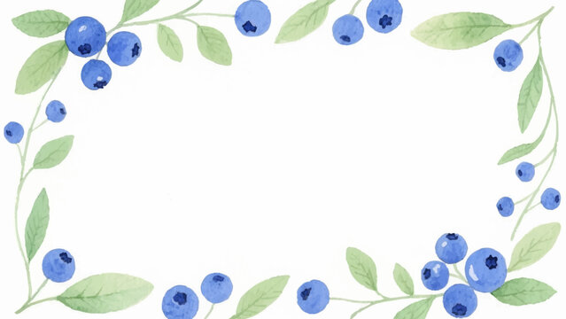 Watercolor blueberry frame with green leaves