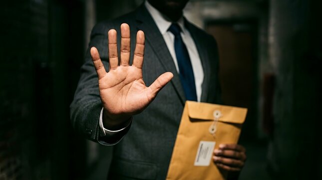 A man in a suit holding an envelope and showing a stop gesture with his hand.