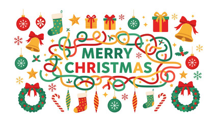 Fototapeta premium Christmas Celebration Ornaments: Festive Christmas ornaments including bells, stockings, gifts, wreaths, and snowflakes adorn a decorative frame with the message Merry Christmas.