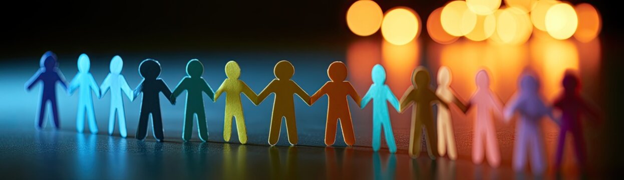 Colorful figures linked hands in unity against a bokeh background