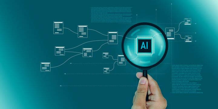 Magnifying glass focusing on AI chip for big data document analysis. Human hand holding lens over connected information icons for artificial intelligence processing and digital automation concept.