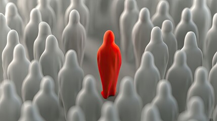 Obraz premium A lone vibrant red figure stands out amidst a crowd of muted, identical figures