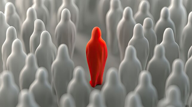 A lone vibrant red figure stands out amidst a crowd of muted, identical figures