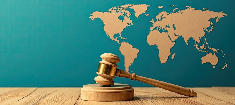 A judge's gavel rests on a wooden surface before a stylized world map