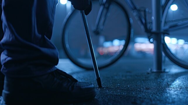 A gloved hand uses a tool to pry at something on the ground near a parked bicycle