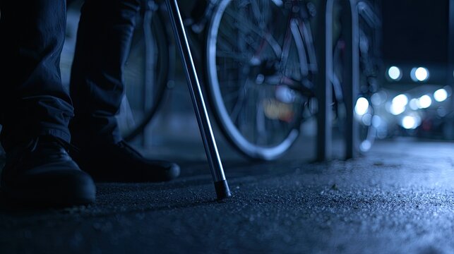 Low angle, nighttime shot of a person's legs and a cane by bicycles