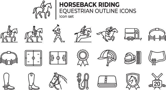 Horseback Riding Equestrian Events Outline Icon Set Show Jumping Dressage Polo Eventing Racing Jockey Horse Trailer Show Ring Arena Polo Field Rosette Helmet Grooming Kit Riding Boot 20 Icons Editable
