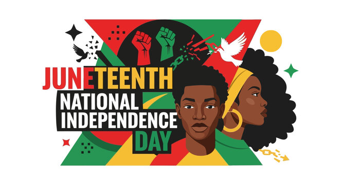 Celebrate Juneteenth National Independence Day with vibrant African American cultural symbols and festive graphics