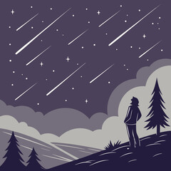 Person standing on a hilltop watching a meteor shower with night sky, shooting star © Marjan