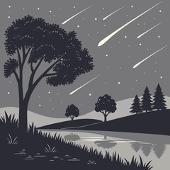 Meteor shower over a serene landscape with trees and a lake night sky shooting star © Marjan