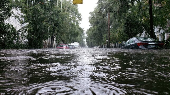 Heavy rain floods a tree-lined street, submerging vehicles
