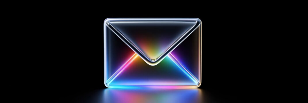 Abstract glowing envelope icon with rainbow neon light on black background, digital art illustration