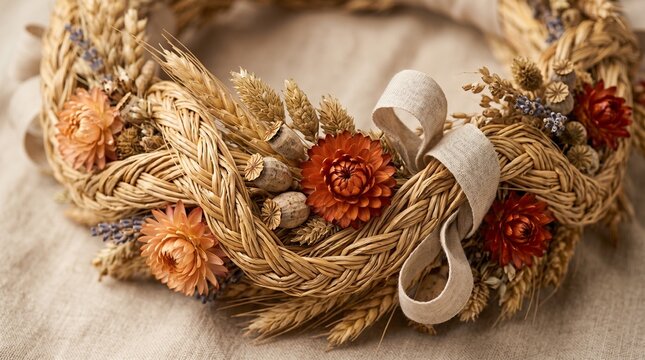 Macro detail of harvest crown wheat braids flowers and satin ribbons