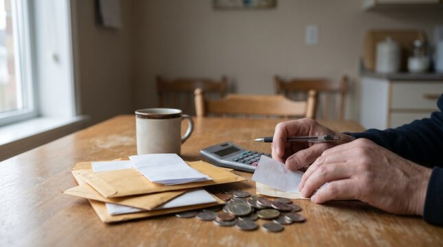 Household budget strain with hands sorting coins papers at home table