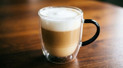 Naklejka premium Delicious layered coffee drink in a clear glass cup on a wooden table.