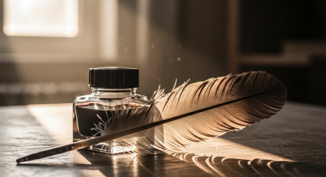 Vintage Quill Pen and Ink Bottle.