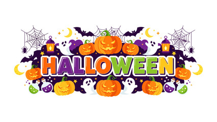 Fototapeta premium Halloween Themed Graphic: A vibrant graphic design celebrates Halloween with a festive arrangement of pumpkins, ghosts, bats, and crescent moons, all surrounding the word HALLOWEEN in a playful.