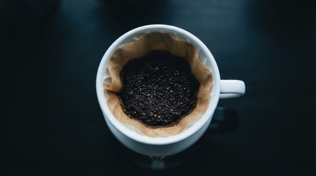 Close-up shot of a white coffee cup with coffee grounds inside, dark background.