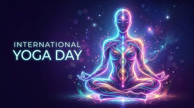International Yoga Day glowing neon template with meditating woman and energy waves
