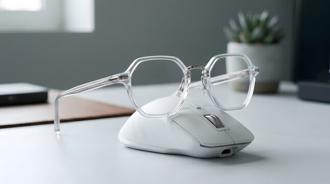 Clear elegant eyeglasses resting on modern white computer mouse on office desk.