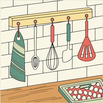Kitchen utensils hanging on a rack with eggs on a countertop made to order custom made