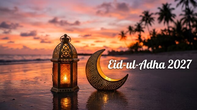 Eid ul adha 2027 decorative crescent moon and lantern on tropical beach during golden sunset.