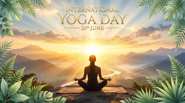 International yoga day poster with woman in meditation pose sitting against mandal sunset background.