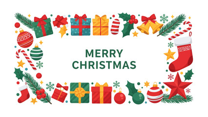 Fototapeta premium Christmas Greeting Frame: A festive border composed of classic Christmas elements surrounds the message Merry Christmas, creating a cheerful and inviting holiday greeting.