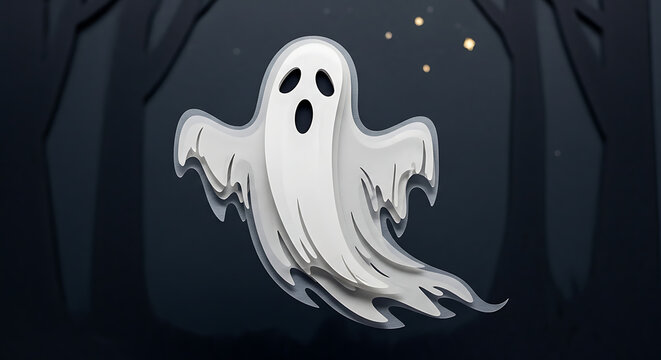 White ghost figure with shaded edges against a dark blue background apparition