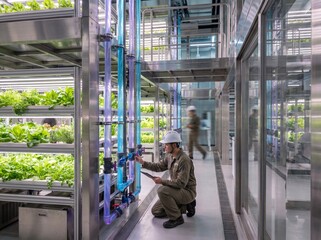Fototapeta premium Man in white hard hat inspecting hydroponic system in indoor vertical farm with rows of leafy greens.