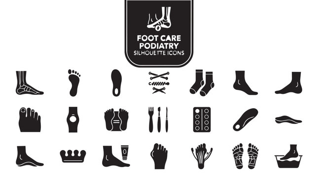 Foot Care Podiatry Silhouette Icon Set Foot Anatomy Footprint Insole Shoelace Sock Ankle Heel Toe Corn Callus Massager Pedicure Blister Orthotic Arch Separator Cream Bunion 20 Icons Editable Strokes 