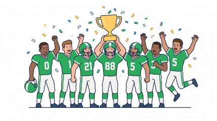 Fototapeta premium Group of professional football players in green uniforms celebrating their championship victory by raising a golden trophy cup amidst falling confetti celebration