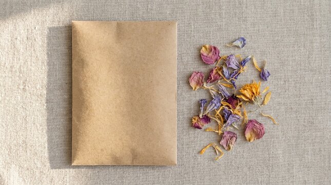 Top-down flat lay view of a blank craft paper seed packet next to dried flower petals on a linen fabric background