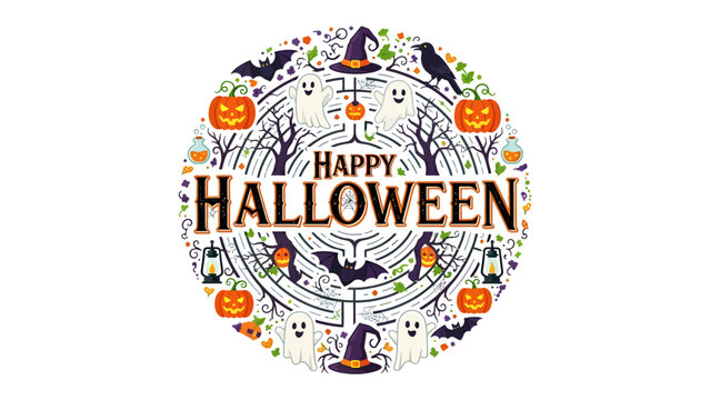 Halloween Celebration Circle: A festive circular design brimming with iconic Halloween motifs including pumpkins, bats, witches' hats, and crows, all encircling the cheerful greeting Happy Halloween.