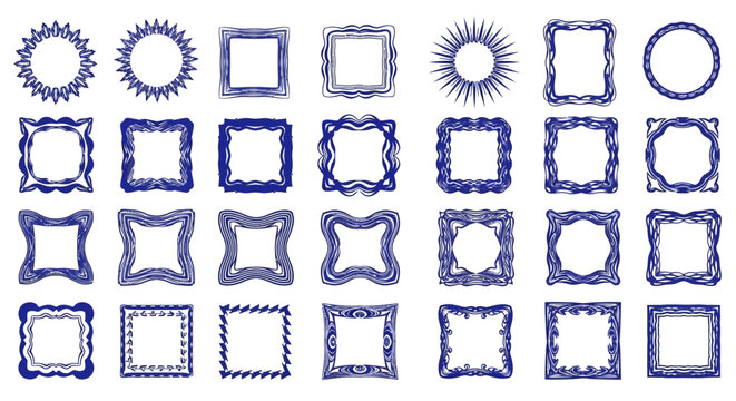 Collection of blue and white ornate frames and borders for design and decoration purposes
