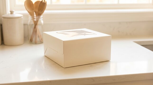 A modern square cardboard cake box with a clear window on a white kitchen counter
