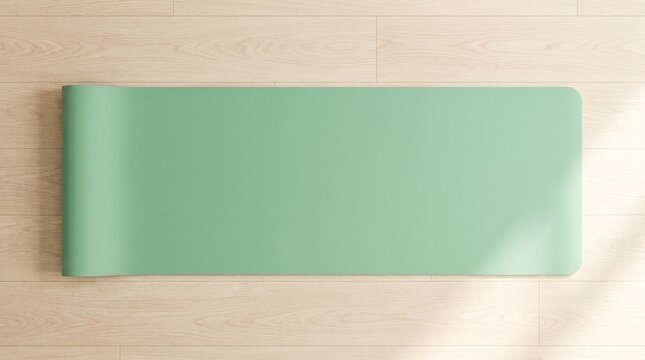 Top-down flat lay view of a minimalist sage green yoga mat unrolled on a light wooden floor