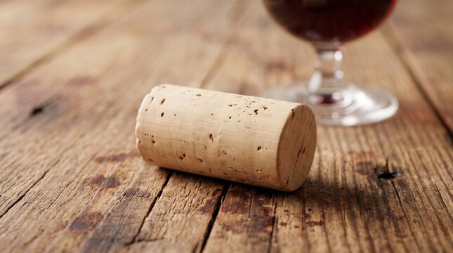 A natural wine cork lying on a rustic wooden table with a glass of red wine in the blurred background