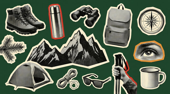 Mountain camping collage with hiking boots, tent and outdoor gear on green background for adventure travel design