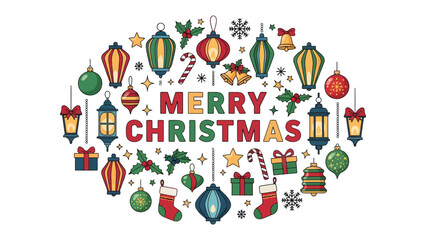 Fototapeta premium Christmas Ornaments and Greeting: Festive arrangement of Christmas ornaments, including lanterns, baubles, bells, stockings, and gifts, surrounds the text Merry Christmas in a celebratory design.