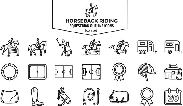 Horseback Riding Equestrian Events Outline Icon Set Show Jumping Dressage Polo Eventing Racing Jockey Horse Trailer Show Ring Arena Polo Field Rosette Helmet Grooming Kit Riding Boot 20 Icons Editable