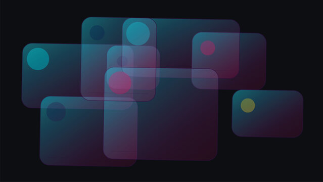 Abstract composition of overlapping rounded rectangles and circles with subtle gradients in dark teal and magenta hues evoking modern ui elements and digital interface design with a glassmorphism