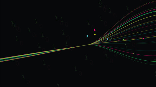 Abstract digital data stream flowing through binary code background illustrating artificial intelligence machine learning and big data processing concepts with colorful particles and lines on a dark