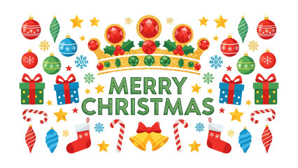 Naklejka premium Festive Christmas Banner: A vibrant and colorful banner adorned with traditional Christmas ornaments, gifts, candy canes, holly, bells, and a regal crown, wishing everyone a Merry Christmas.