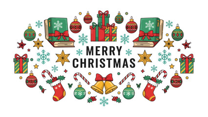 Fototapeta premium Merry Christmas Collection: A whimsical illustration depicting classic Christmas motifs, including gifts, ornaments, stockings, bells, snowflakes, and books.