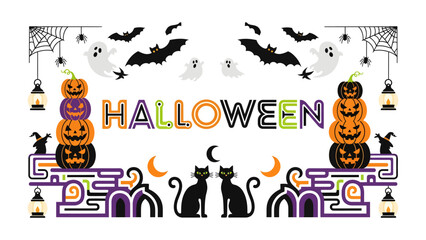 Fototapeta premium Halloween Festive Header: A vibrant and playful graphic celebrating Halloween with spooky elements like pumpkins, ghosts, bats, and black cats, alongside festive text.